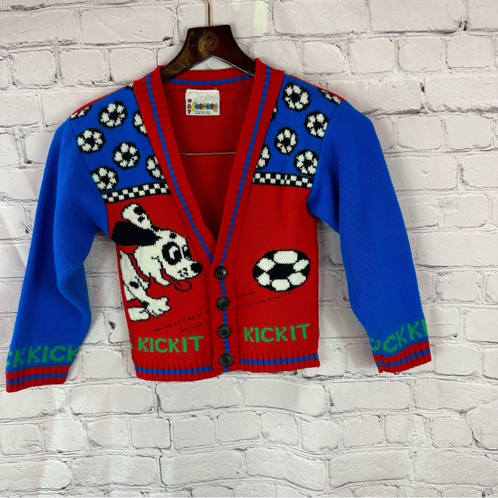 vtg hot cashews Colorful Kids Soccer sweater Cardigan kick it sz small dalmation